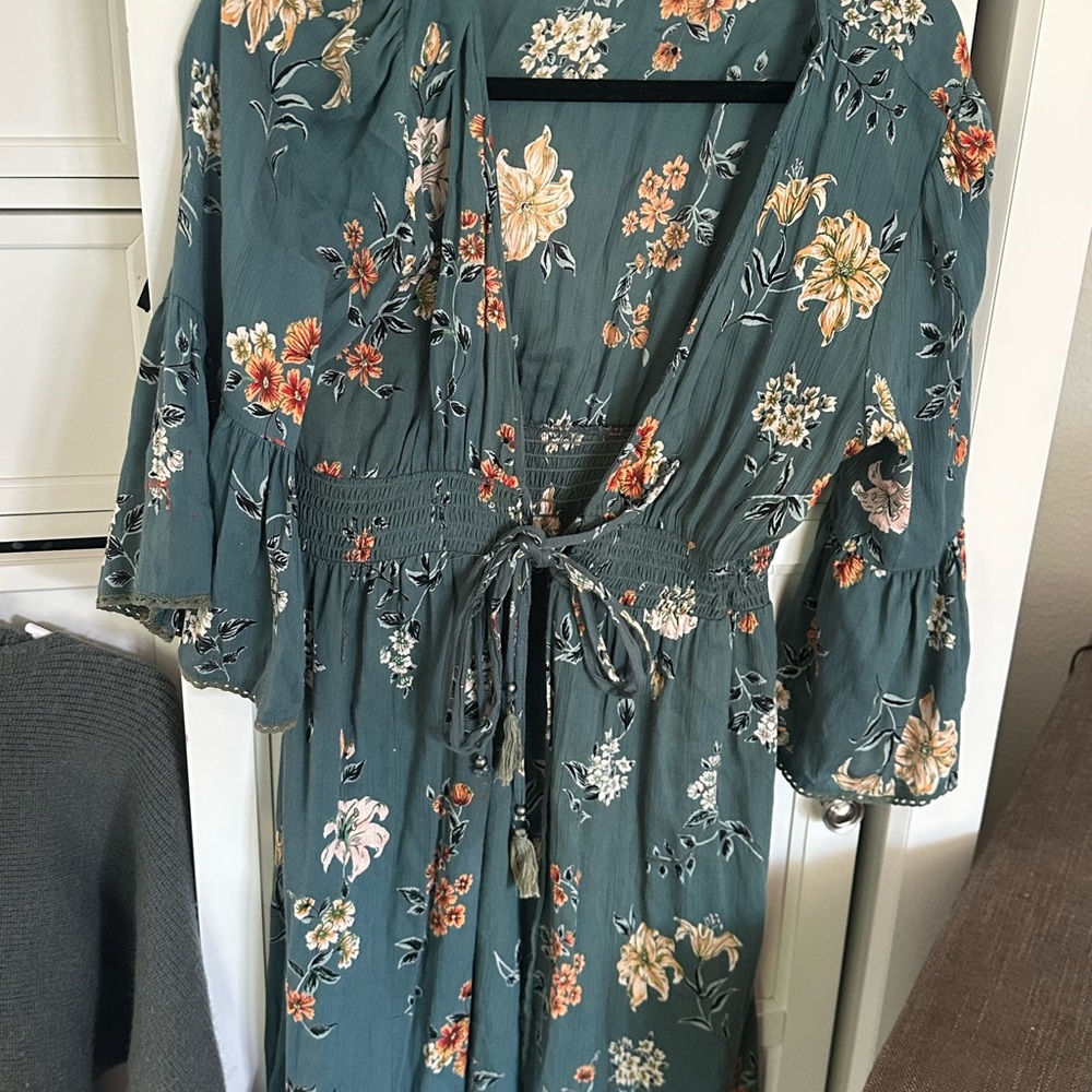 Angie Blue and Green Buttoned Tie Front Sundress